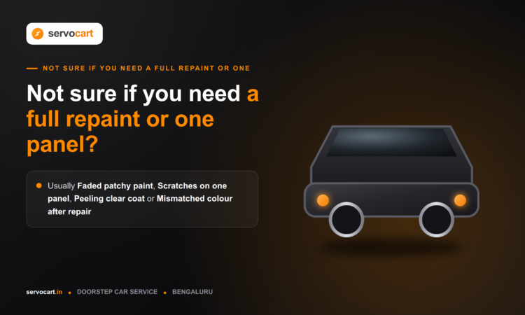 Technician comparing full car repaint and single panel paint job in a Bengaluru garage