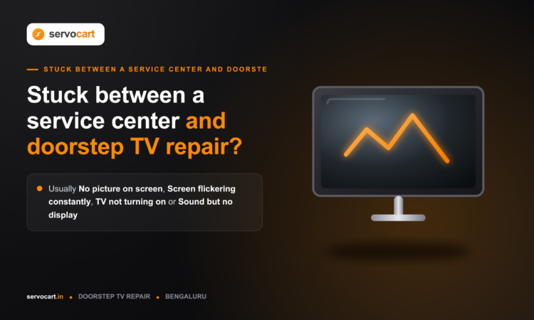 Split image comparing an LED TV service center counter with a doorstep TV repair visit in a Bangalore home