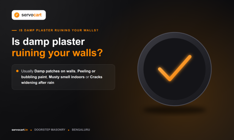 Mason repairing damp plaster wall seepage during Bangalore monsoon