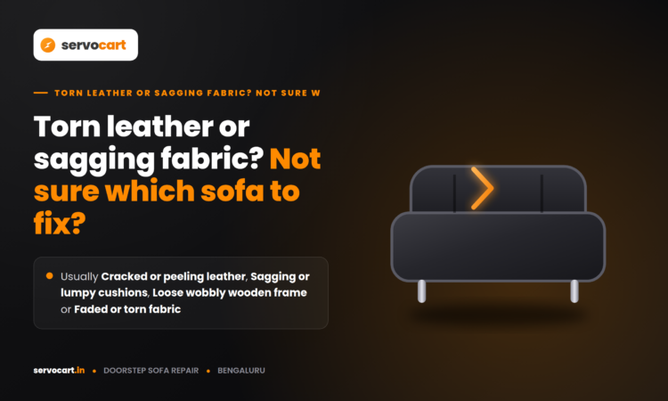 Technician comparing leather and fabric sofa damage during a sofa repair Bangalore home visit