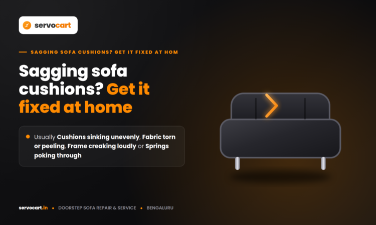 Technician repairing a sofa frame and replacing foam cushions inside a Bengaluru living room