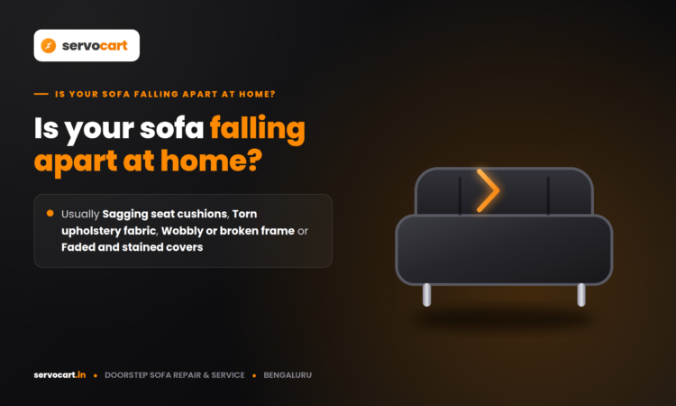 Technician repairing a sagging sofa cushion inside a Bengaluru apartment living room